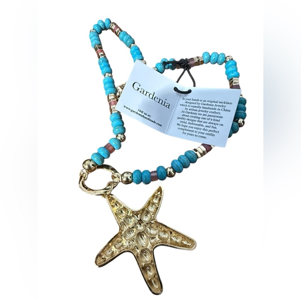 Turquoise Beach-Themed Necklace with Gold Accents - Picture 10 of 11